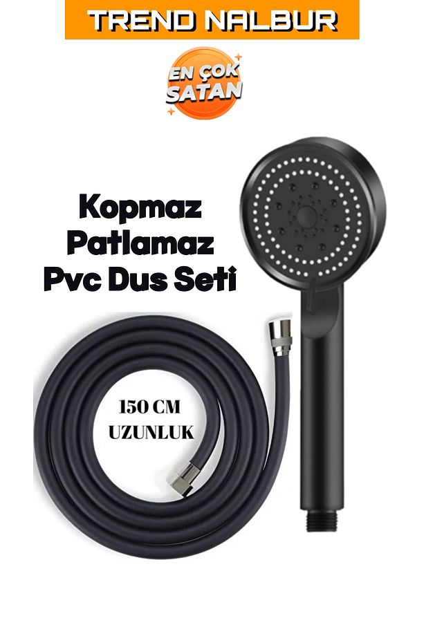 5 Fonksiyonlu Mat Siyah Duş Başlığı Seti, Kocvizyon Mat Siyah Duş Başlığı - Pvc Hortum Duş Seti - 1
