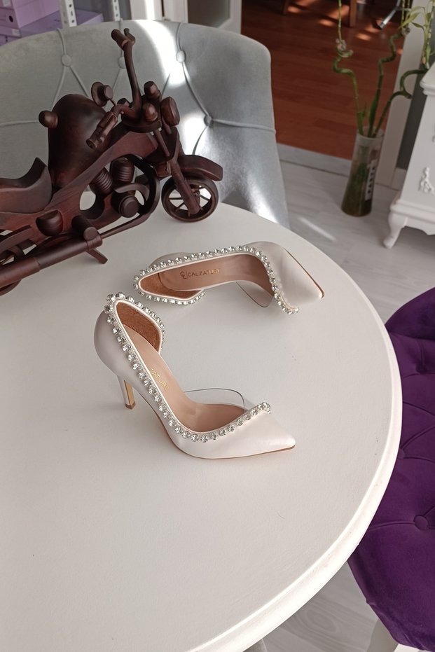 Mother of Pearl Leather Side Transparent 11cm Heeled Women's Design Wedding Dress Shoes with Waterway Accessories