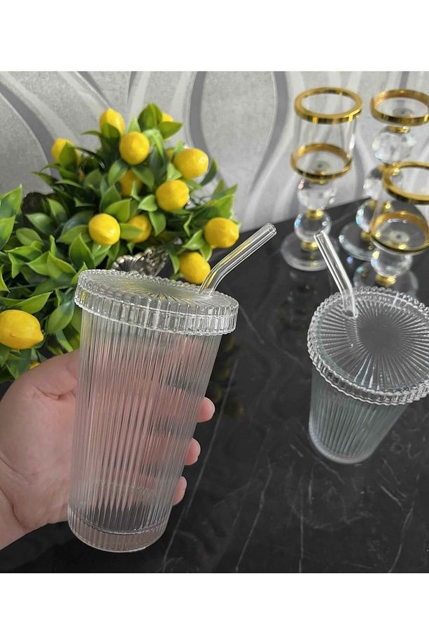 4 Adet 400 ml Cam Kapaklı Pipetli Origami Stil Cam Bardak Kahve Ve Sunum Bardağı Meşrubat Bardağı - 4