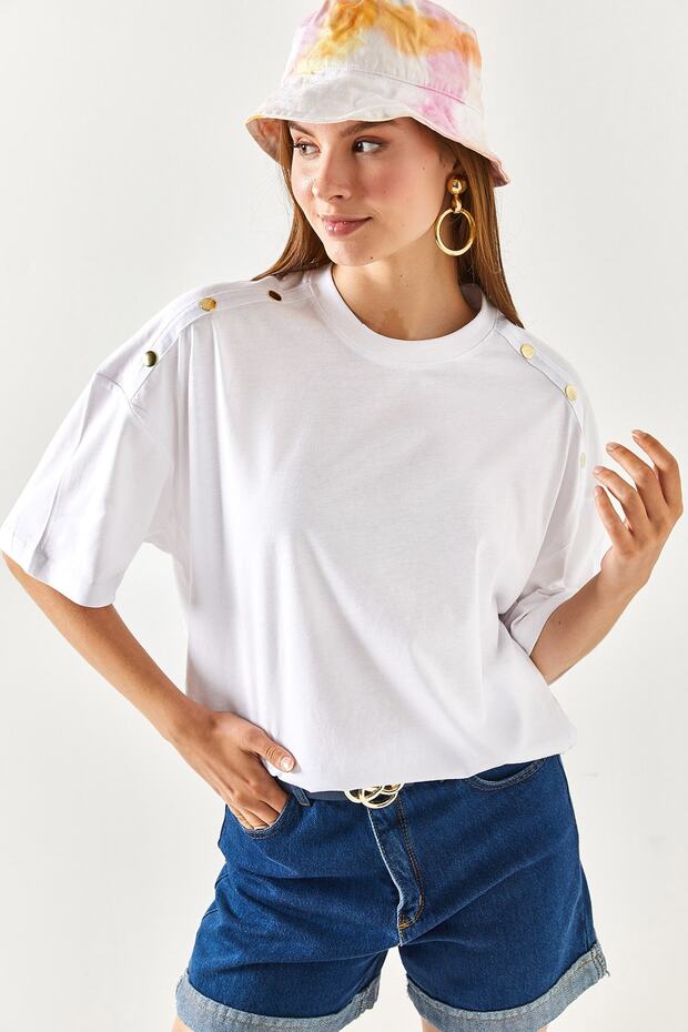 Women's White Shoulder Gold Button Cotton T-Shirt TSH-19000763