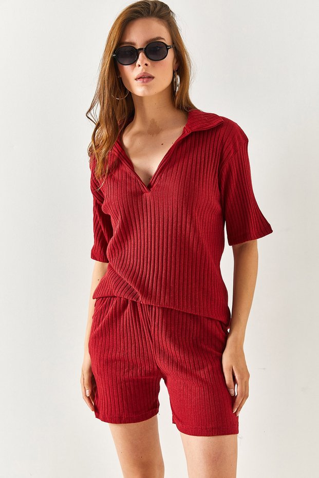 Women's Claret Red Polo Collar Top Pocket Shorts Ribbed Suit TKM-19000197