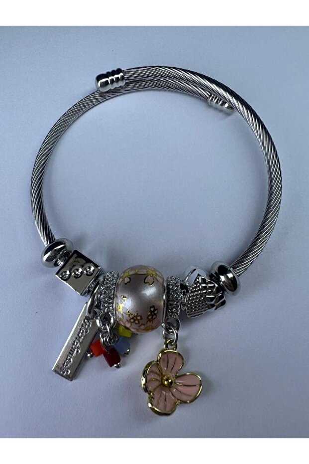 Model Silver Steel Bracelet with Clover Figure