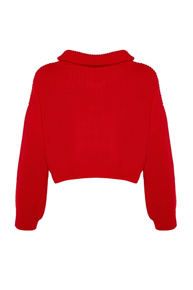 Kırmızı Süper Crop Fermuarlı Triko Kazak TWOAW24KZ00527 - 9
