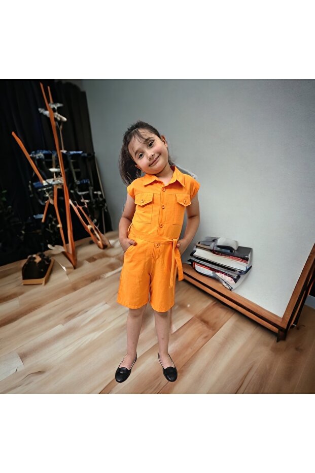 Girl's Jumpsuit with Shorts/Buttoned Pocket Detailed/Short Jumpsuit