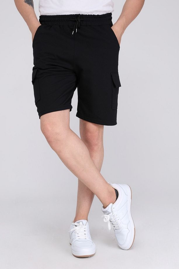 Siyah Kargo Cepli Erkek Oversize Relaxest Lastikli Bağcıklı Bermuda Şort - 5