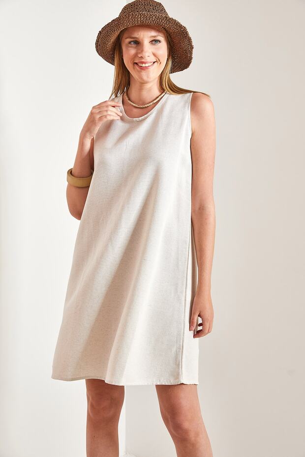 Women's Beige Backless Linen Dress 40701027