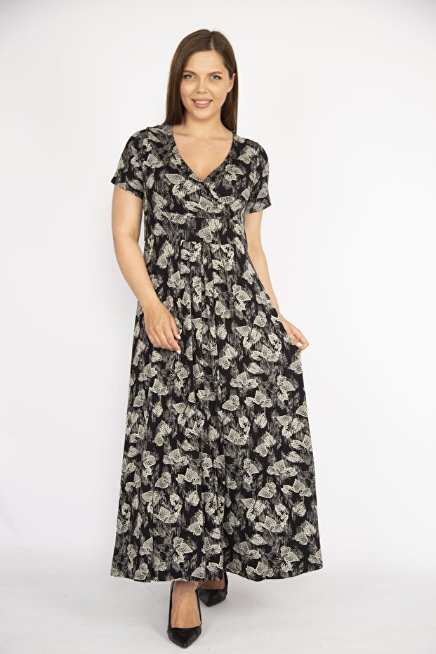 Women's Black Large Size Wraped Collar Short Sleeve Long Dress 65n36480