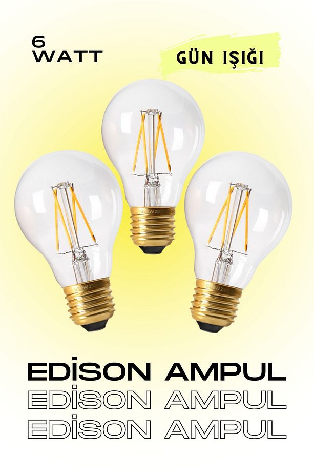 EDİSON AMPUL 3 ADET SARI IŞIK - AVİZE - LAMBADER - MİKA - APLİK - 1