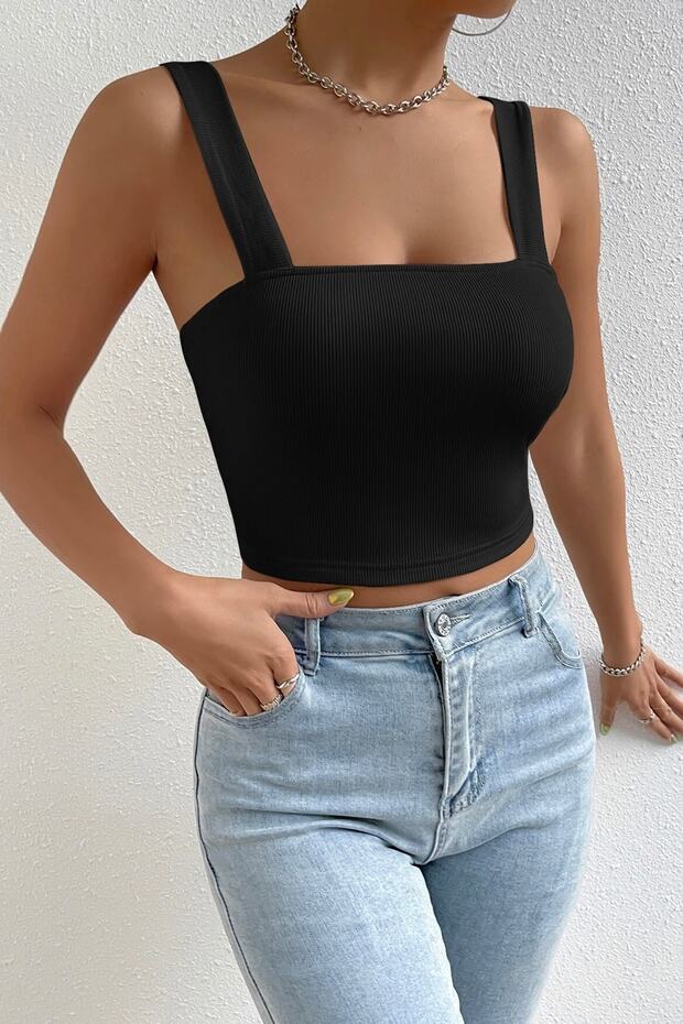 Kadın Siyah Kare Yaka Kalın Askılı Dekolteli Crop Top Bluz - 5
