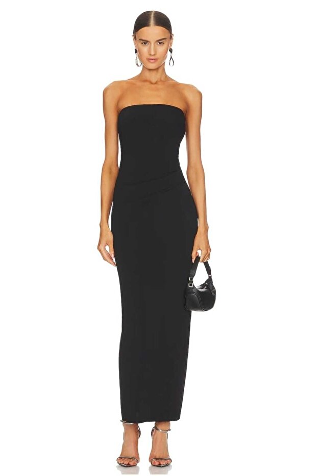 Women's Black Strapless Maxi Dress Silk Jersey Double-Layer Not Showing Lingerie