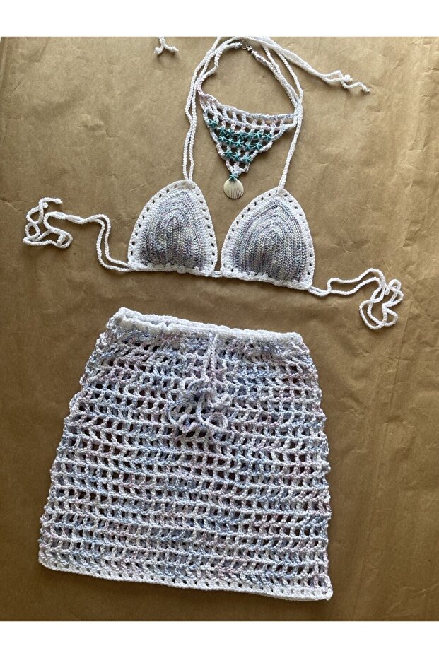 Serena Special Design Shiny Crochet Set with Skirt Top Necklace