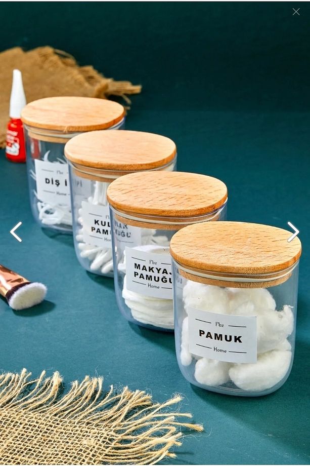 4'lü Ahsap Kapaklı Kulak Pamuğu&pamuk&makyajpamuğu&diş Ipi Saklama Kutusu 400 ml Akrilik Set - 3