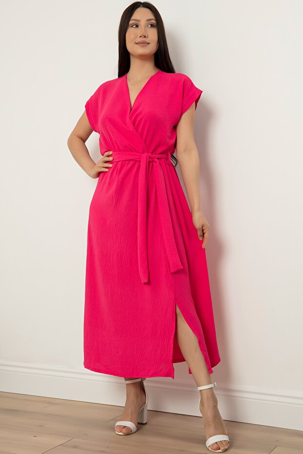 Kruvaze Yaka Kemerli Midiboy Elbise 5227 - 4