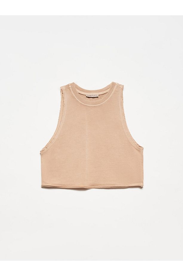 20676 Yıkamalı Crop Top-Bej - 1