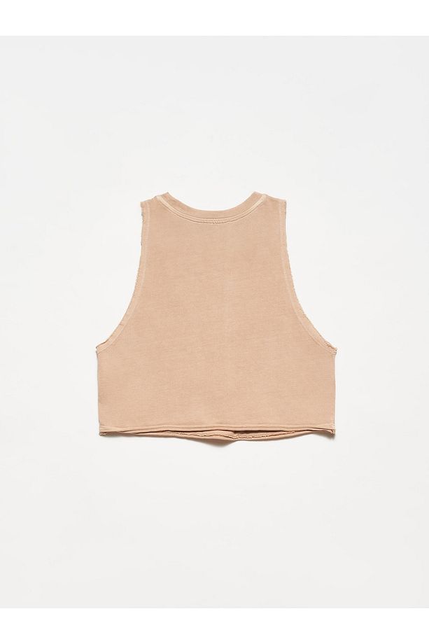 20676 Yıkamalı Crop Top-Bej - 2