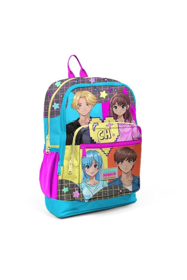 Kids Gray Blue Pink Anime Patterned Four Compartment School Backpack 23737