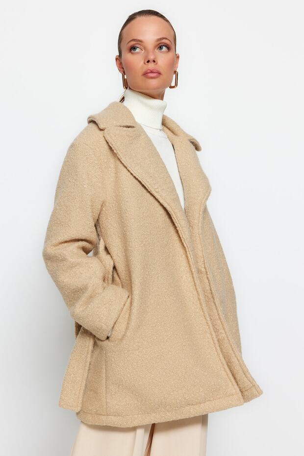 Bej Oversize Geniş Kesim Kuşaklı Buklet Kaban TWOAW24KB00057 - 2