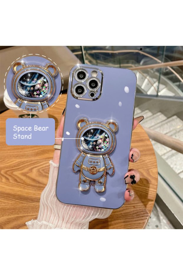 Apple iPhone 14 Pro Max Compatible Liquid Liquid Glitter Starry Teddy Bear Astronaut Stand Case