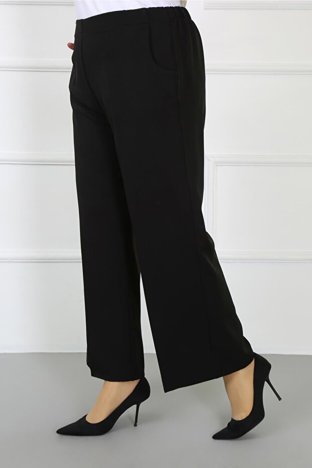 Women's Black Dumbbell Fabric Oval Pocket Large Size Trousers with Elastic Back