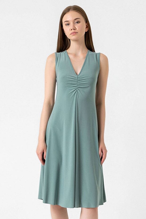 Nil Yeşili V Yaka Elbise - 5