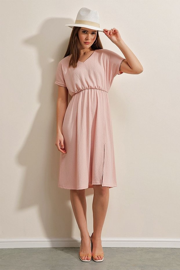 V-Neck Slit Knitted Dress - Powder