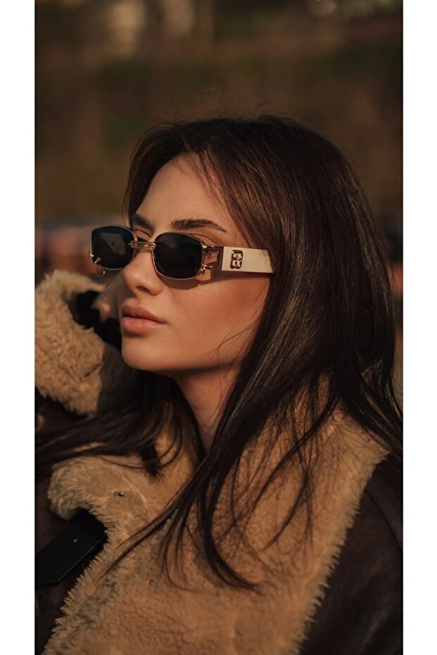 Unisex Women Men Uv400 Protected Black Cream Square Rectangular Piercing New Season Sunglasses