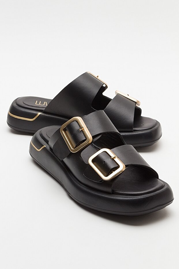 ADORE Black Genuine Leather Women's Slippers
