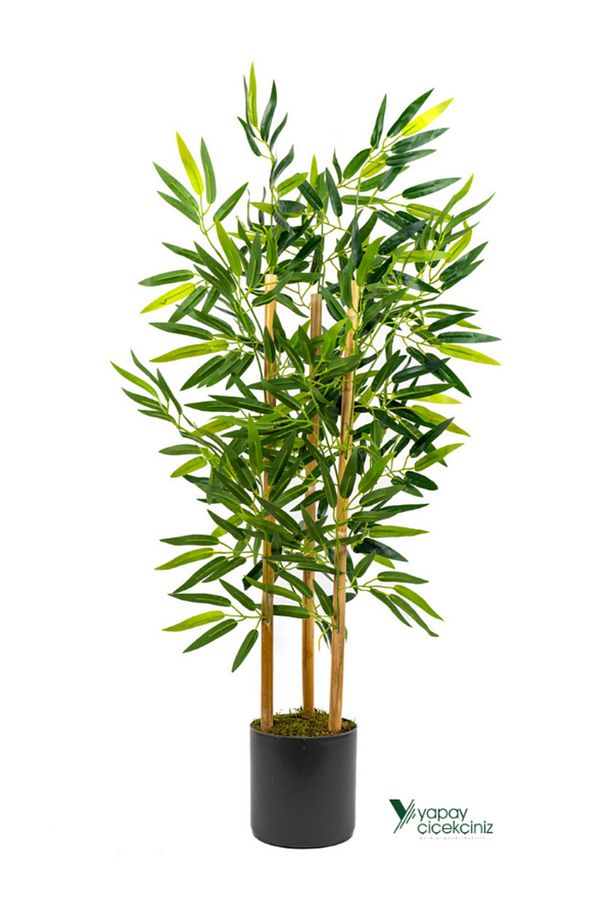 2 Adet Gri Saksıda Çim Detaylı 100 Cm Yapay Benjamin ve Yapay Bambu Ağacı - 3