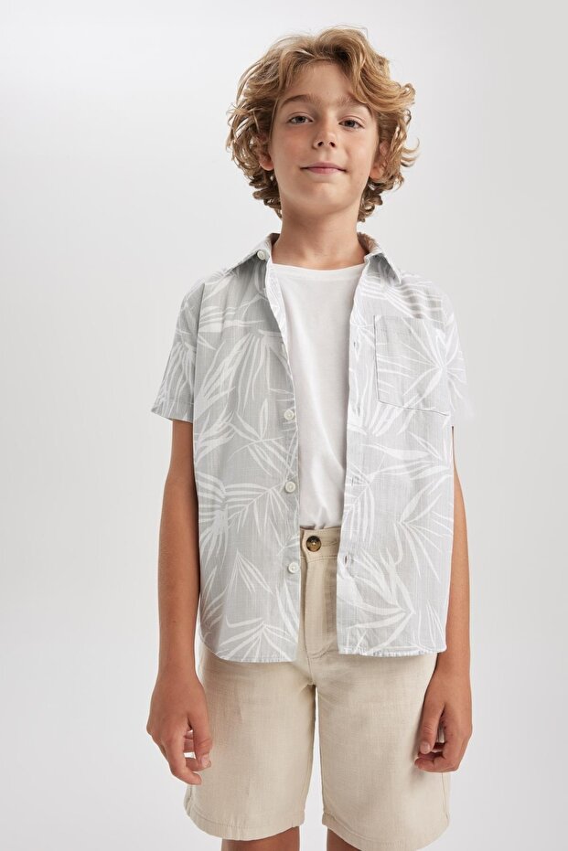 Boy's Patterned Linen Look Short Sleeve Shirt X7500a623hs