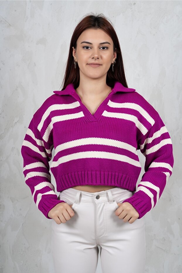 Raspberry Polo Collar Striped Sweater - 1