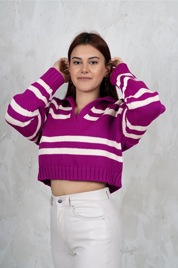 Raspberry Polo Collar Striped Sweater - 2