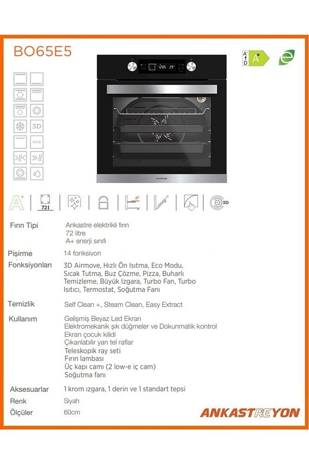 BO65E5B01 Siyah Cam Ankastre Fırın 14 Program Multifonksiyonel - 2