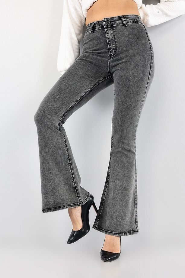 Ispanyol Antrasit Kar Yıkama Likralı Yüksek Bel Flare Jeans Pantolon - 2