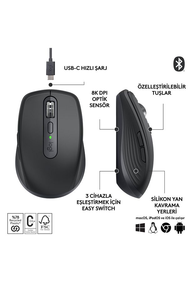 MX Anywhere 3S Kompakt 8000 DPI Optik Sensörlü Sessiz Bluetooth Kablosuz Mouse - Siyah - 7