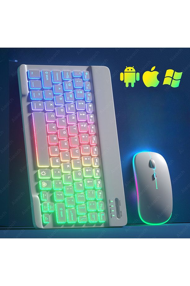 YeniTech- Bluetooth Aydınlatmalı Klavye Mouse Tablet Telefon Android iOS Windows Fare Klavye iPad - 5
