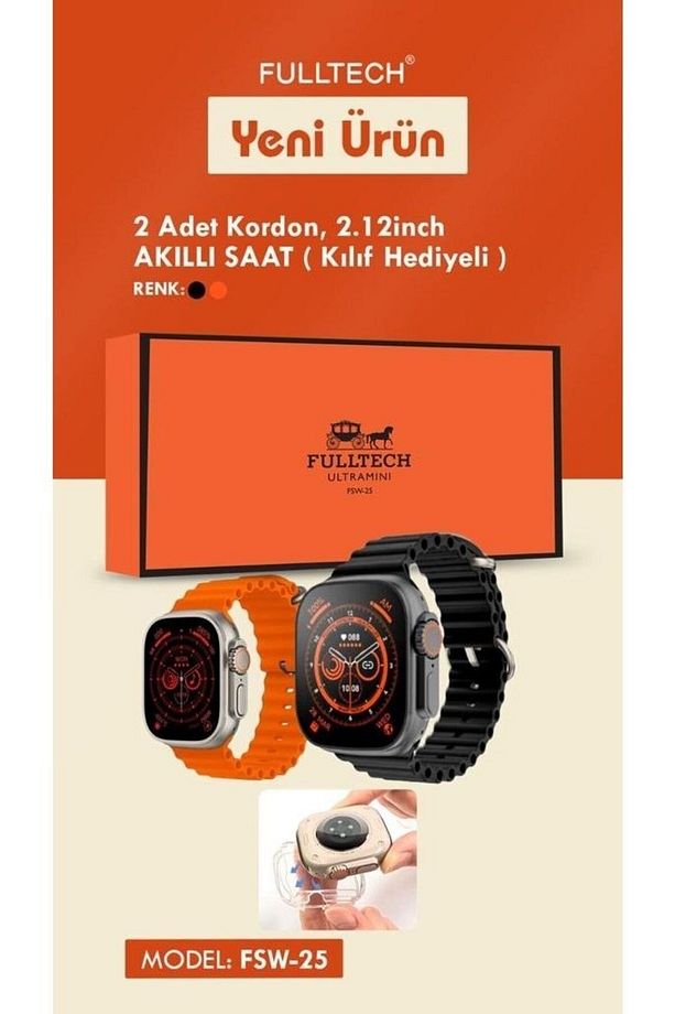 Smart Watch 2 Adet Kordon, 2.1 2inch Büyük Ekran Çift Kordon Akıllı Saat FSW-25 (Kılıf Hediyeli) - 1