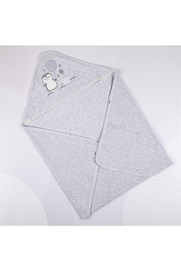 Unisex Baby Penguin Embroidered Waffle Pattern Double Layer Organic Cotton Baby Blanket 80X90 cm - Gray