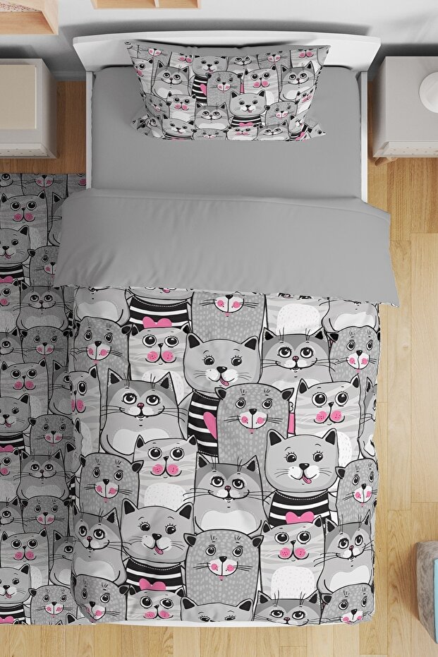 Pink Heart Cats Patterned Single Baby Kids Bedding Set