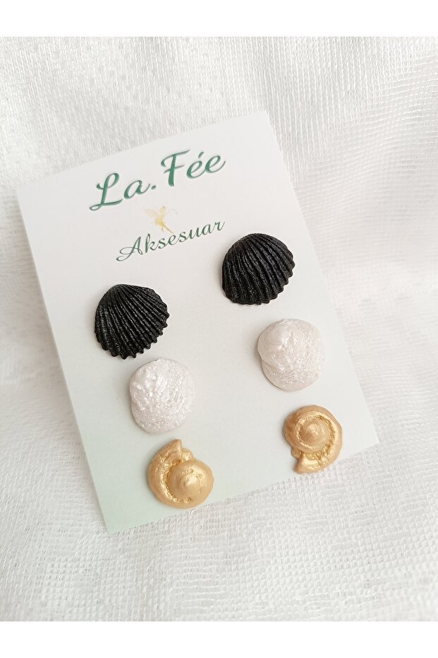 3-Piece Black Gold White Polymer Clay Earring Set Sea Shell Oyster