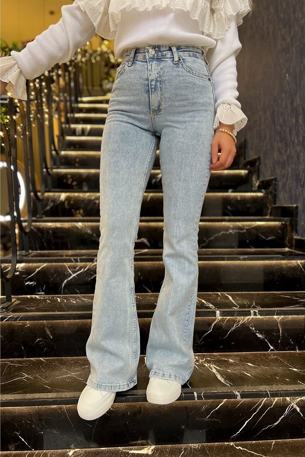 Olivia Buz Kar Ispanyol Mavi Kot Yüksek Bel Mavi Kar Yıkama Flare Jeans Kot Pantolon - 2
