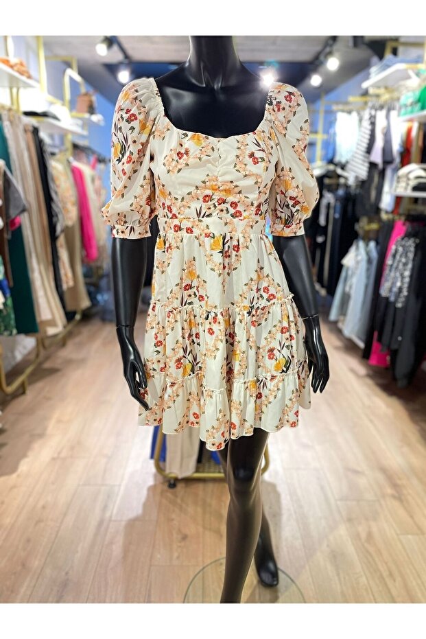 Desenli Elbise - Krem - 1