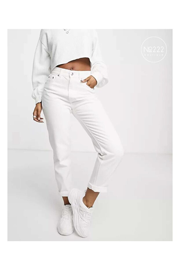 High Waist Lycra Stretchy White Mom Jeans Pants Stretchy Jeans