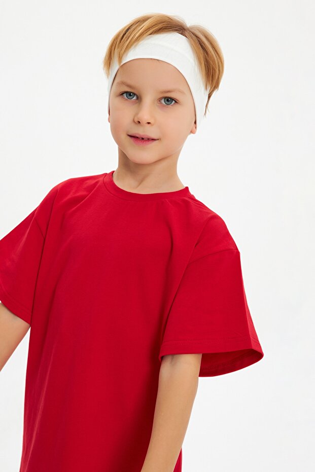 Boy's 100% Cotton Combed Oversize Red T-Shirt Soft White Bandana 2-Piece SET TrendSeri1