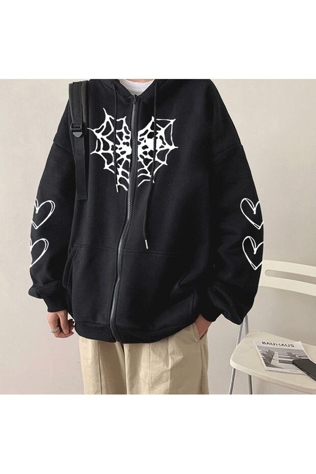 Gothic Heart Knit Print Zipper Hoodie