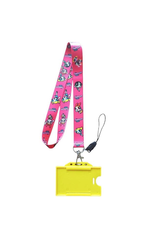 حبل تعليق بطاقات Power Puff Girls؛ حبل تعليق الياقة، حزام الرقبة، حامل الهاتف، حامل البطاقة الأفقي الأصفر