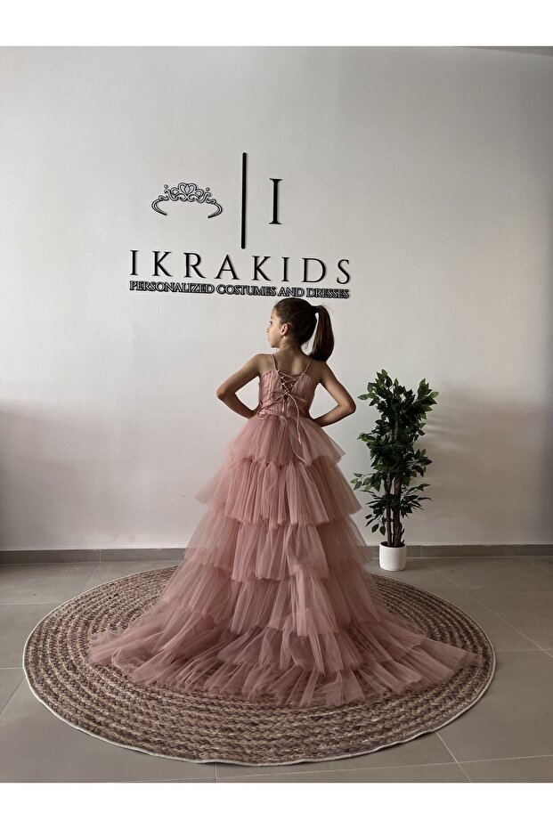 Girls' Powder Pink Evening Dress with Train