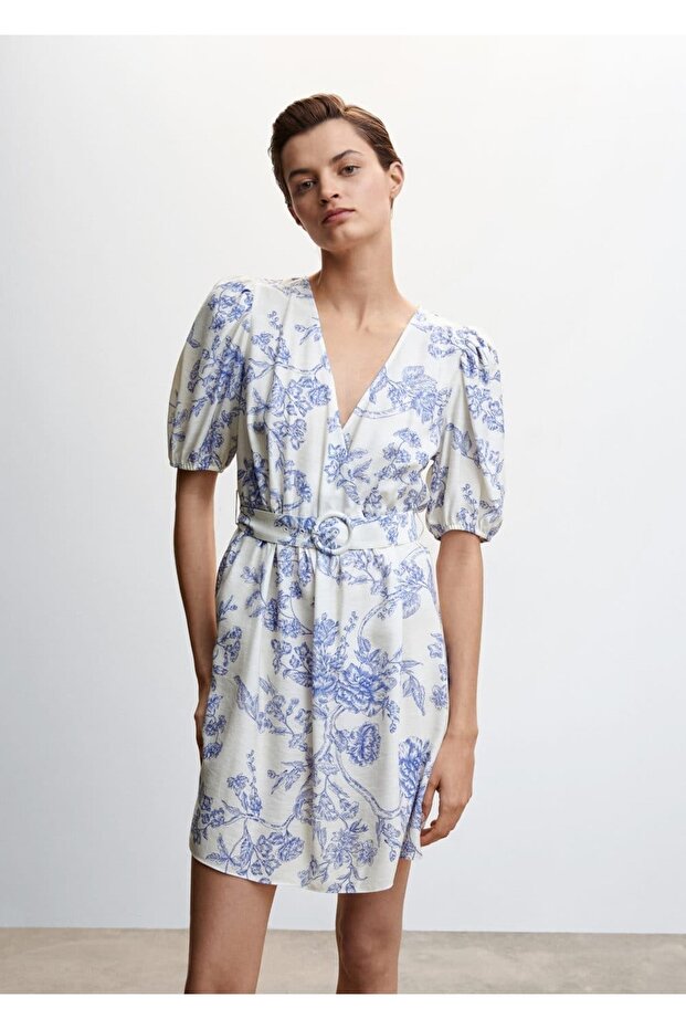 Kemerli Çiçekli Elbise - 1