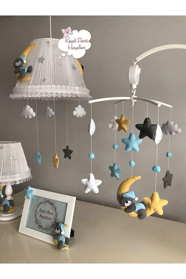 bebek çocuk odası avize set dönenceli ay ayıcık sarı gri mavi - 2