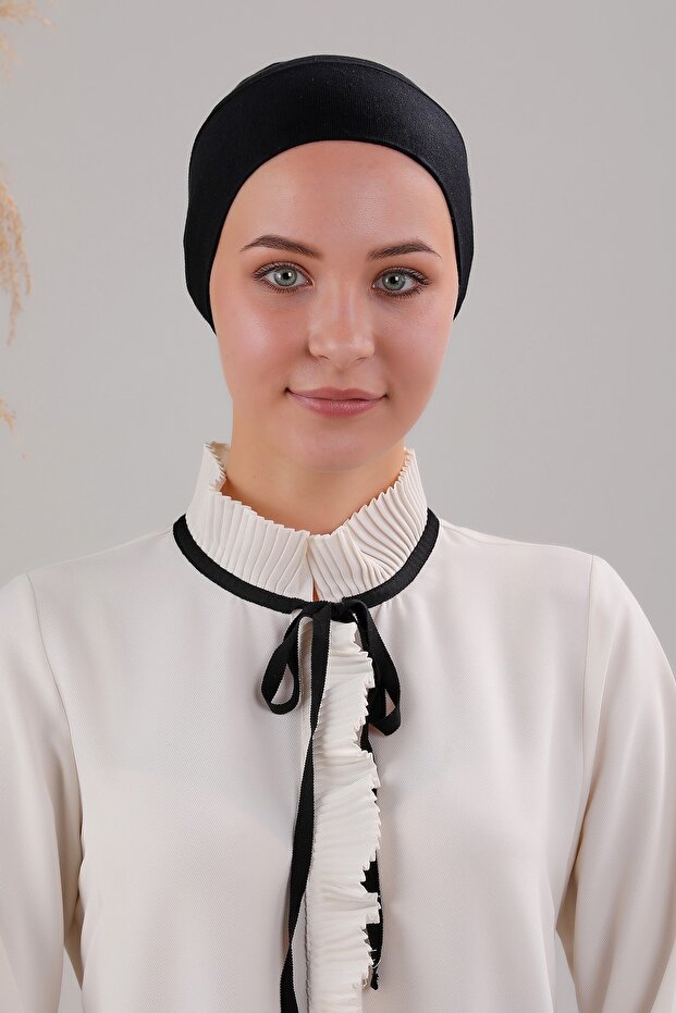 Hijab Lace-Up Viscose Lycra Seamless Bonnet Black
