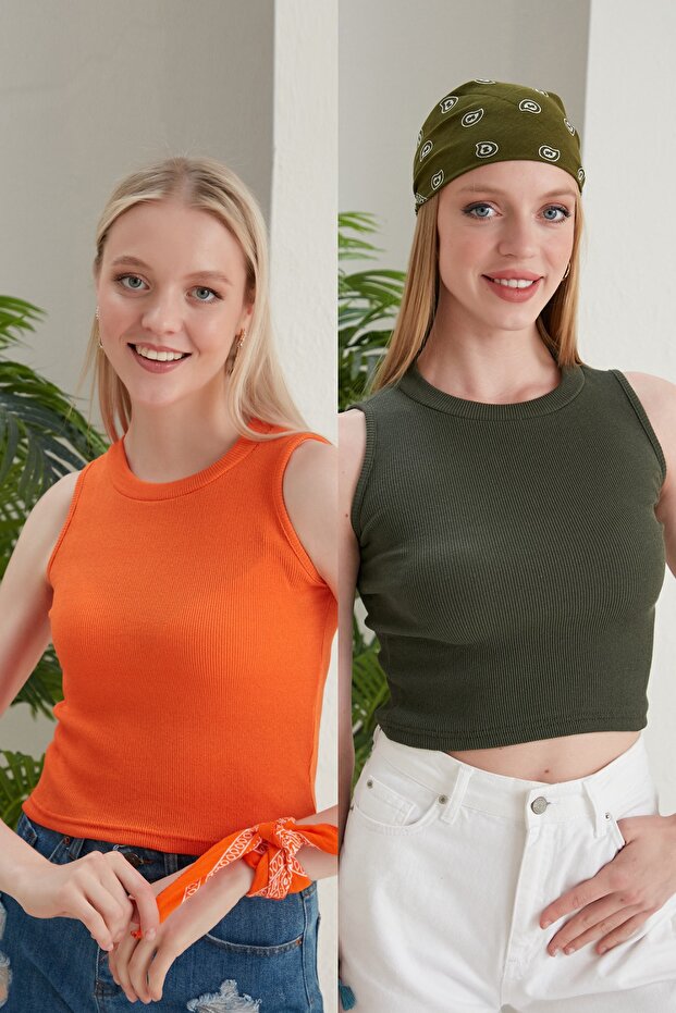 Women's Orange Khaki Halter Neck 2-Piece Cropped Blouse